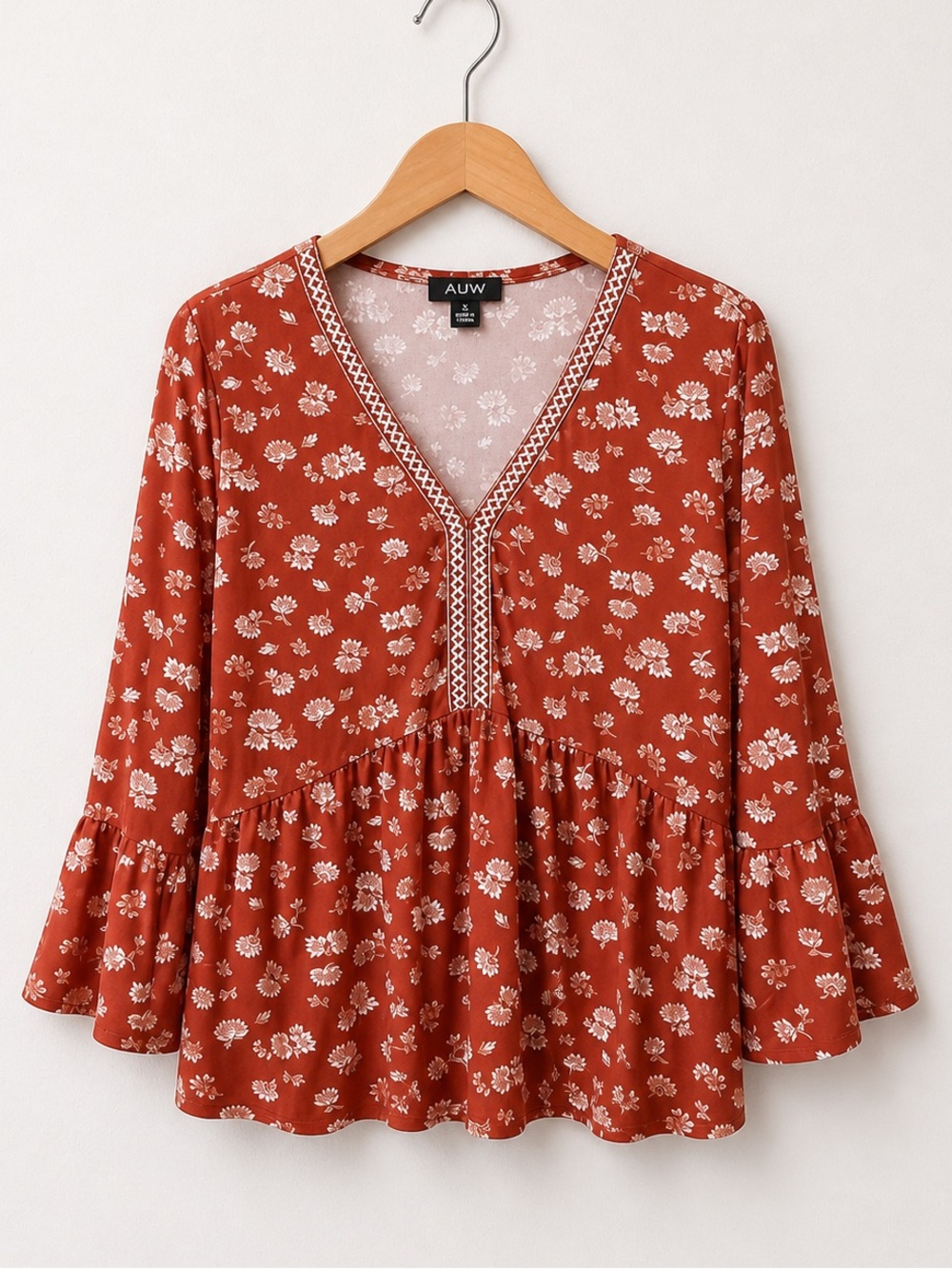 AUW Rust Floral V-Neck Babydoll 3/4 Sleeve Peplum Tunic with Cream Floral Print